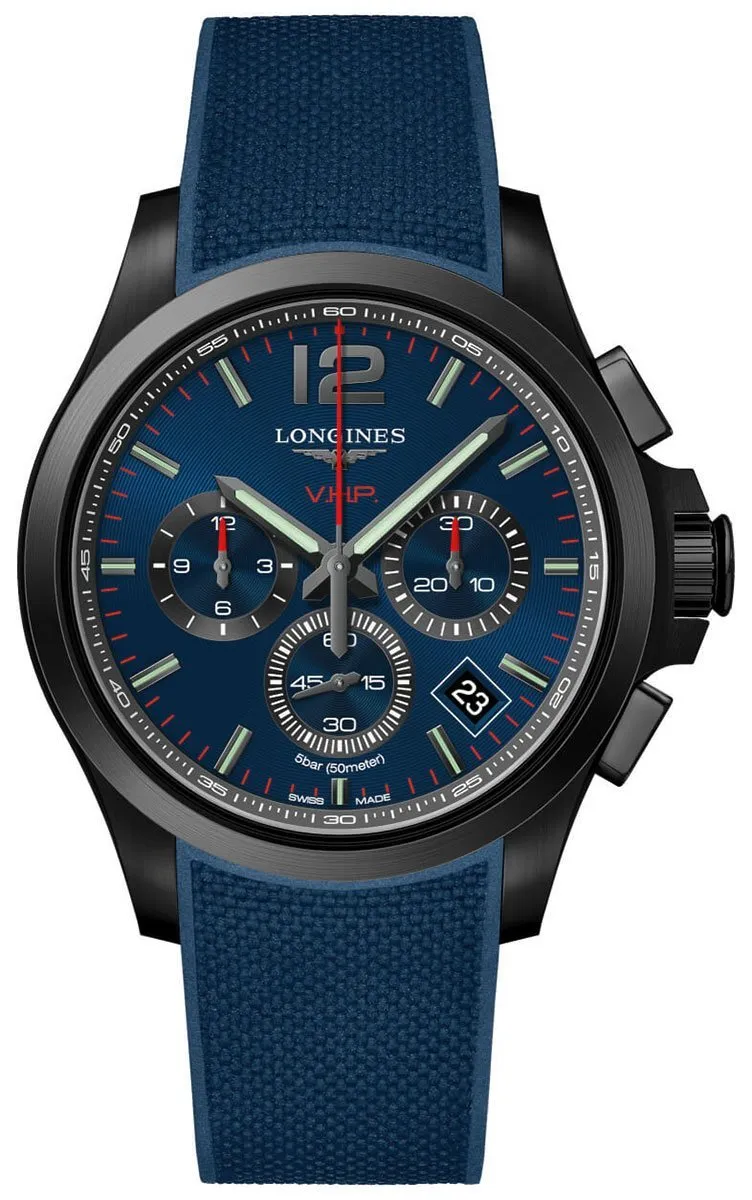 Longines Conquest V.H.P. Chronograph Black PVD Blue Rubber Strap Blue Dial Perpetual Calendar Date Quartz Mens Watch L3.717.2.96.9 Longines Watches