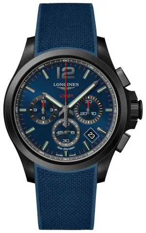 Longines Conquest V.H.P. Chronograph Black PVD Blue Rubber Strap Blue Dial Perpetual Calendar Date Quartz Mens Watch L3.717.2.96.9 Longines Watches
