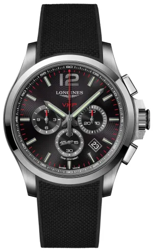 Longines Conquest V.H.P. Chronograph Stainless Steel Black Dial Black Rubber Strap Perpetual Calendar Date Quartz Mens Watch L3.727.4.56.9 Longines Watches
