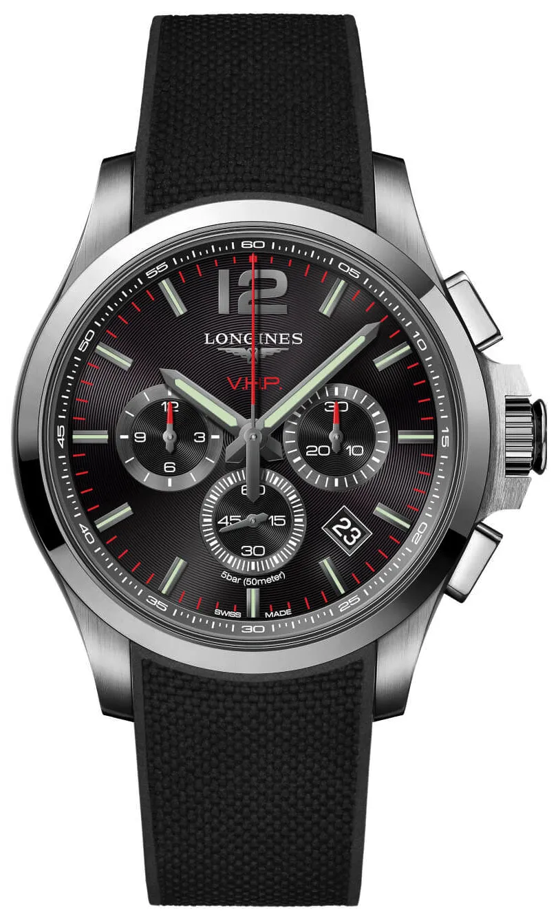Longines Conquest V.H.P. Chronograph Stainless Steel Black Dial Black Rubber Strap Perpetual Calendar Date Quartz Mens Watch L3.727.4.56.9 Longines Watches