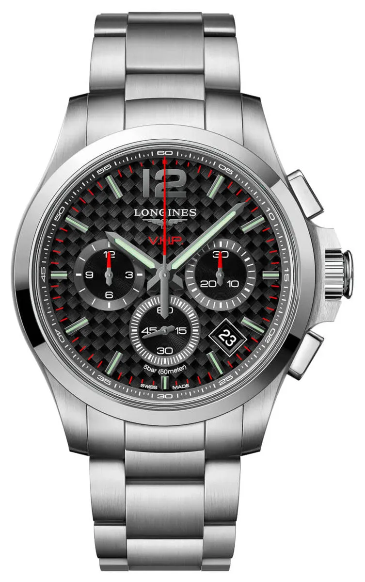 Longines Conquest V.H.P. Chronograph Stainless Steel Black Dial Perpetual Calendar Date Quartz Mens Watch L3.717.4.66.6 Longines Watches