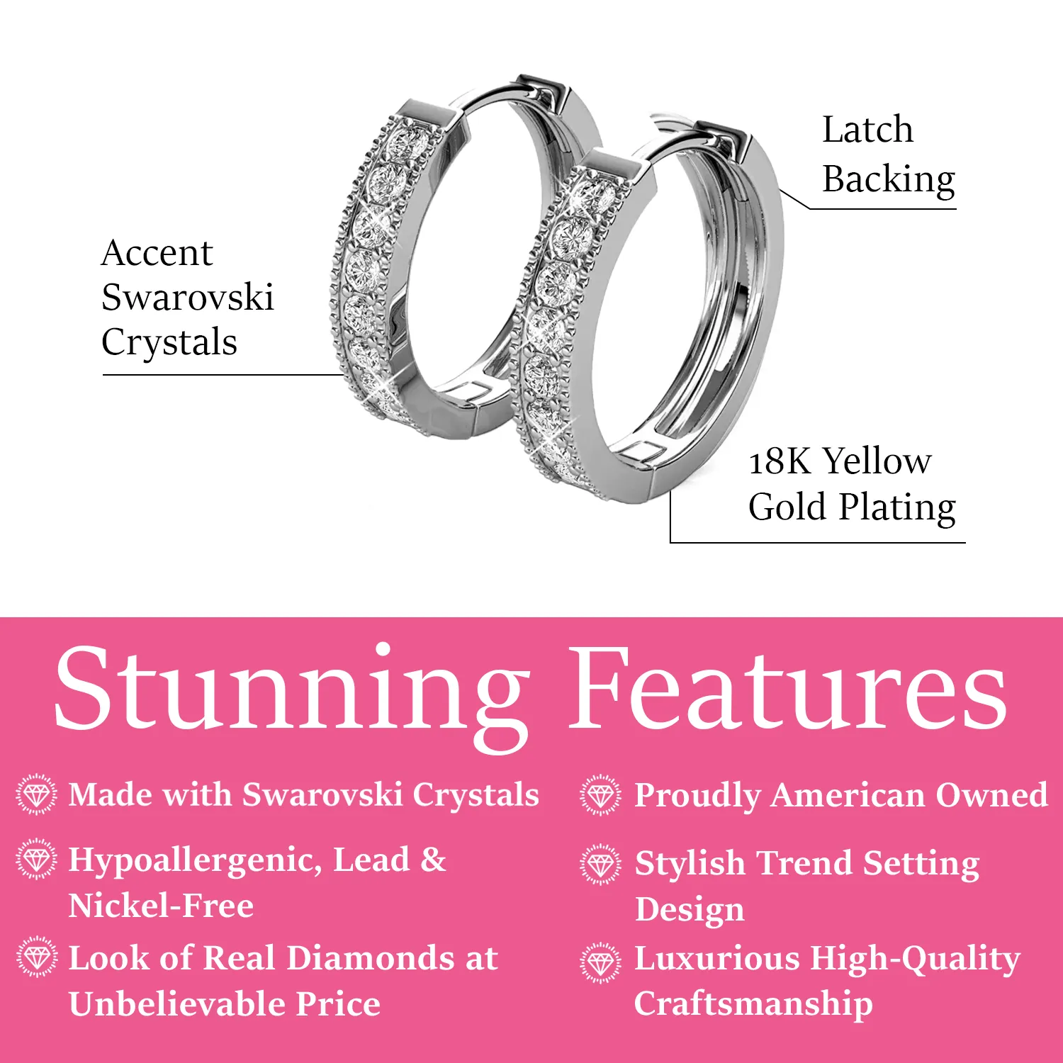 Lydia 18k White Gold Plated 16mm Hoop Earrings with Swarovski Crystals