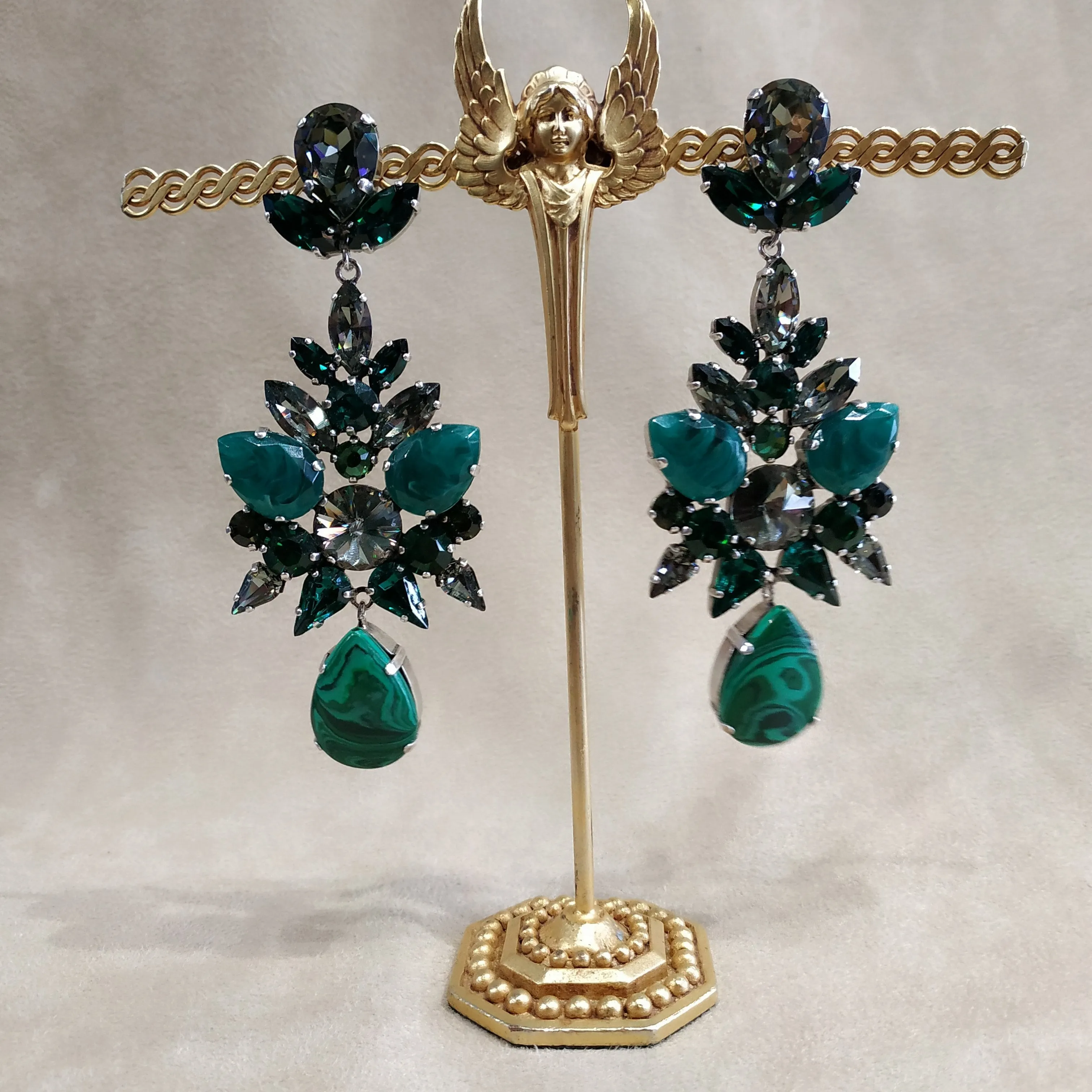 Malachite Emerald green statement earrings by Frangos
