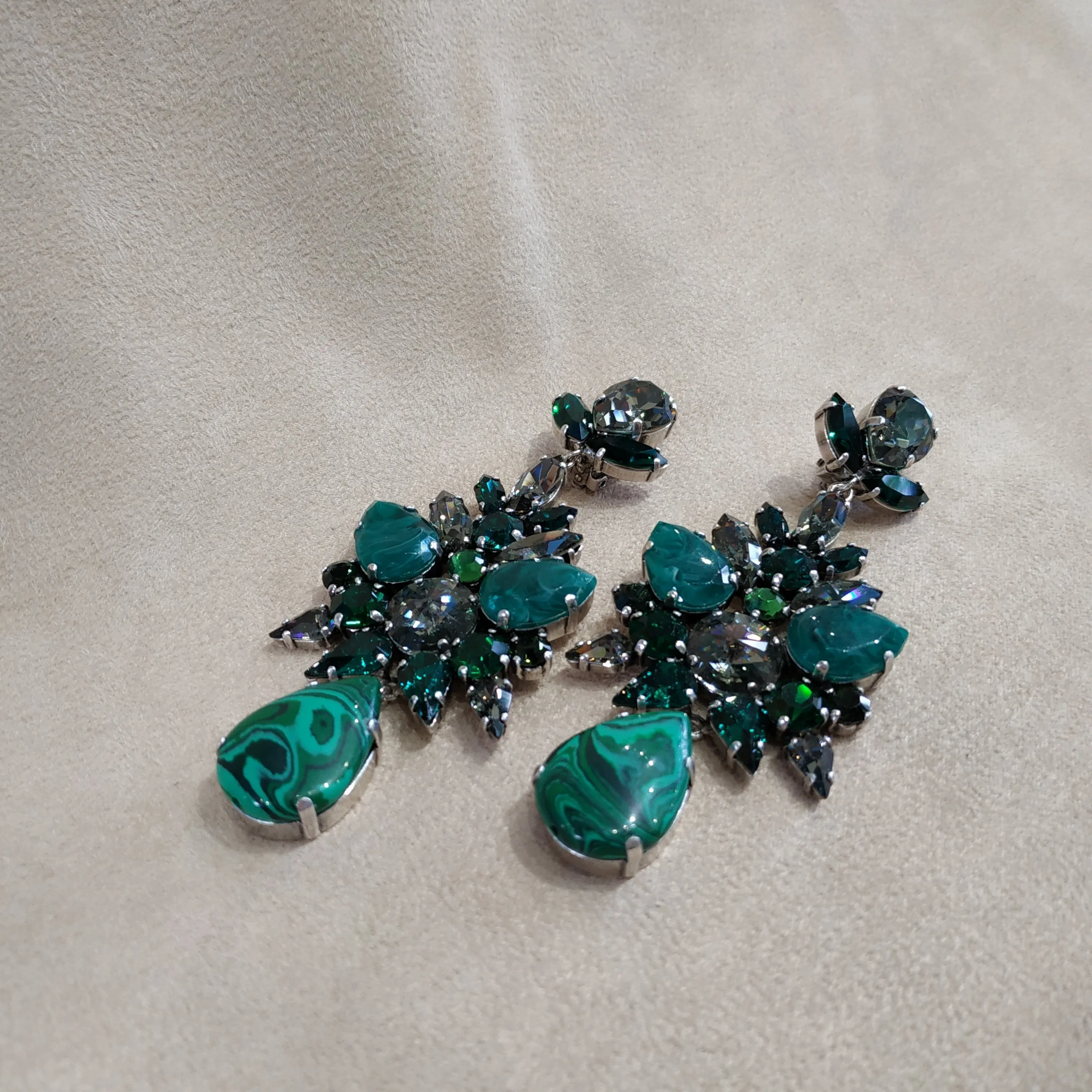 Malachite Emerald green statement earrings by Frangos