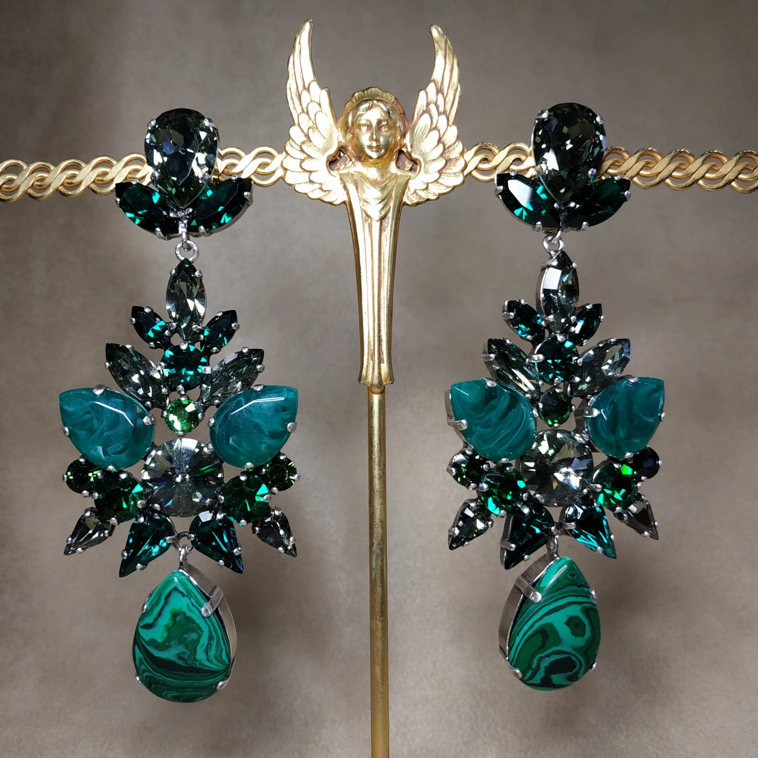 Malachite Emerald green statement earrings by Frangos