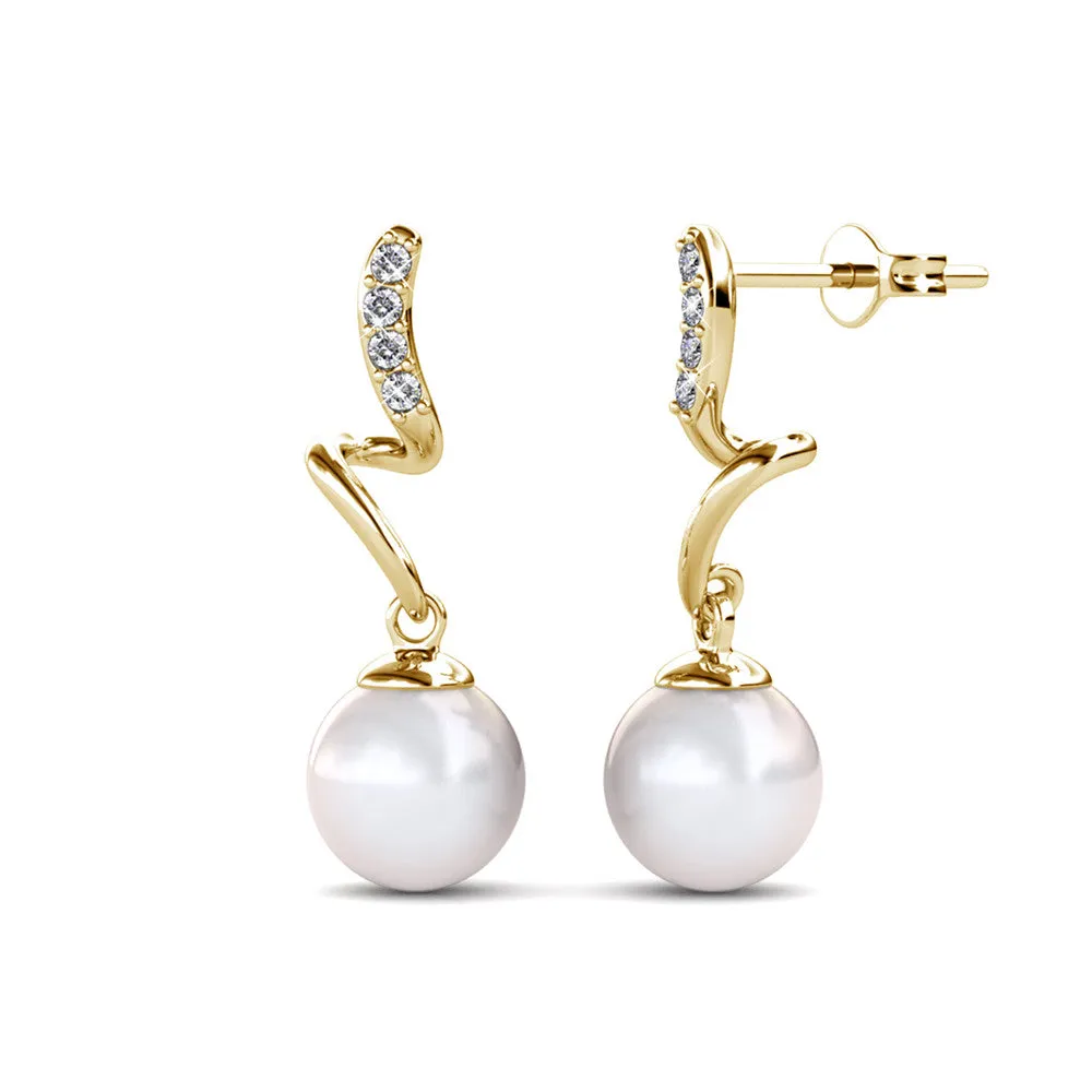 Ophelia 18k White Gold Plated Drop Pearl Earrings with Swarovski Crystals