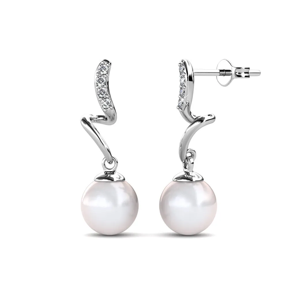 Ophelia 18k White Gold Plated Drop Pearl Earrings with Swarovski Crystals