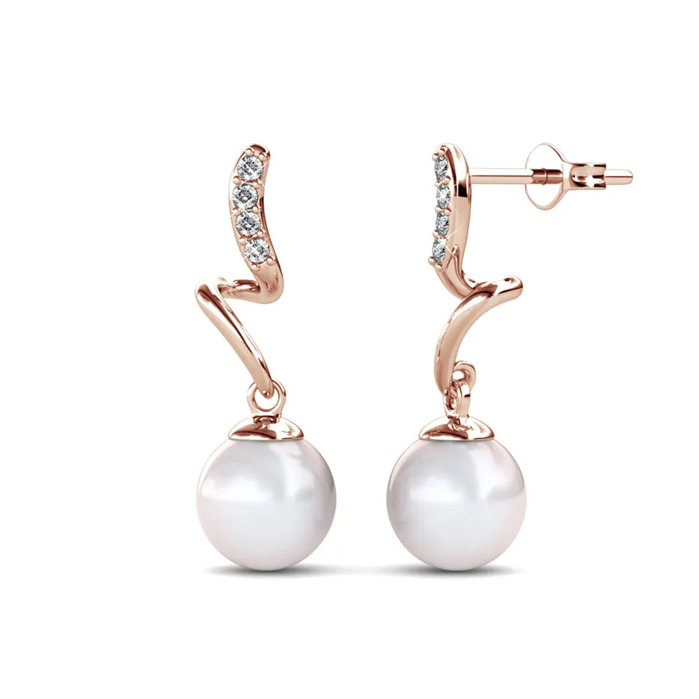 Ophelia 18k White Gold Plated Drop Pearl Earrings with Swarovski Crystals