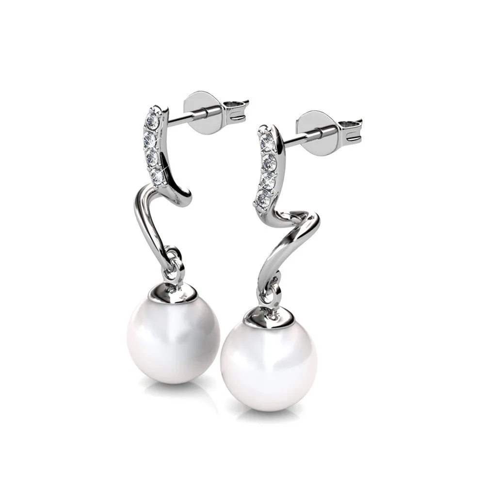 Ophelia 18k White Gold Plated Drop Pearl Earrings with Swarovski Crystals