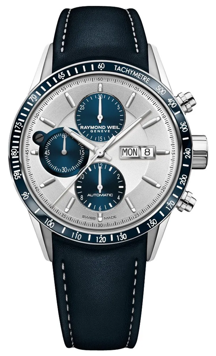 Raymond Weil Freelancer Automatic Chronograph Stainless Steel Silver Dial Blue Leather Strap Day/Date Mens Watch 7731-SC3-65521 Raymond Weil Watches