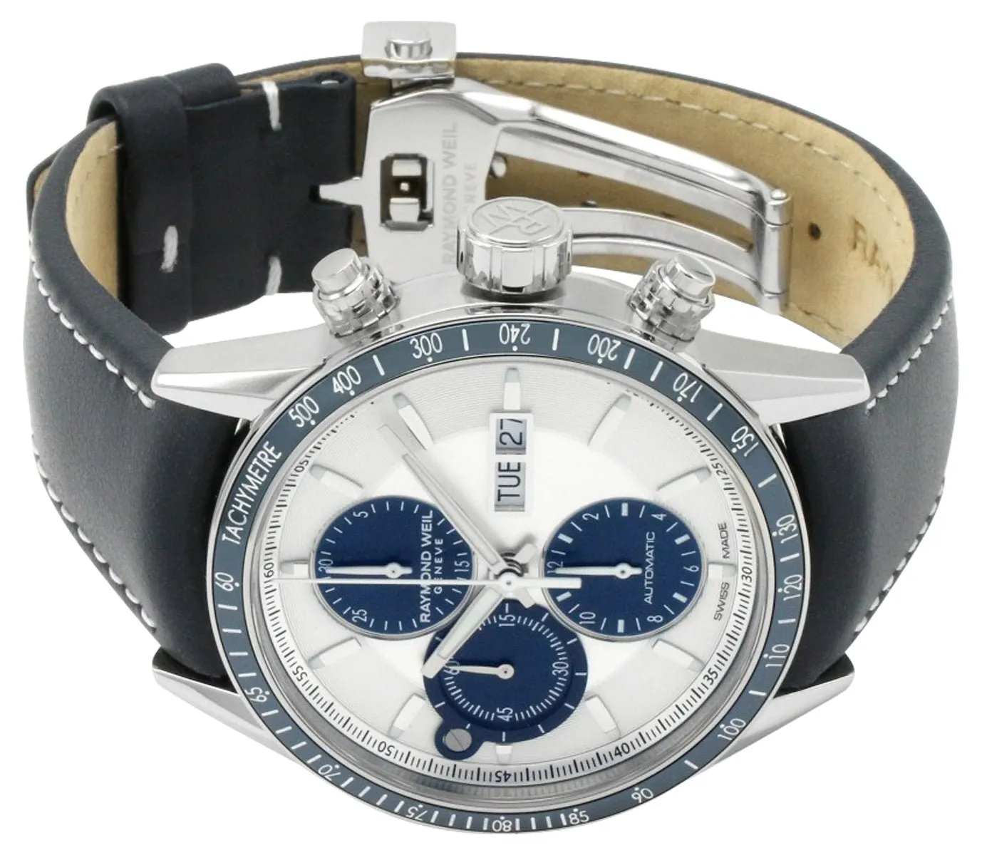 Raymond Weil Freelancer Automatic Chronograph Stainless Steel Silver Dial Blue Leather Strap Day/Date Mens Watch 7731-SC3-65521 Raymond Weil Watches
