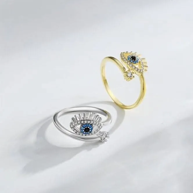 Silver Rhodium Plated Sparkling Zirconia Adjustable Blue Evil Eye Ring ERLR013 Ania Haie Jewellery
