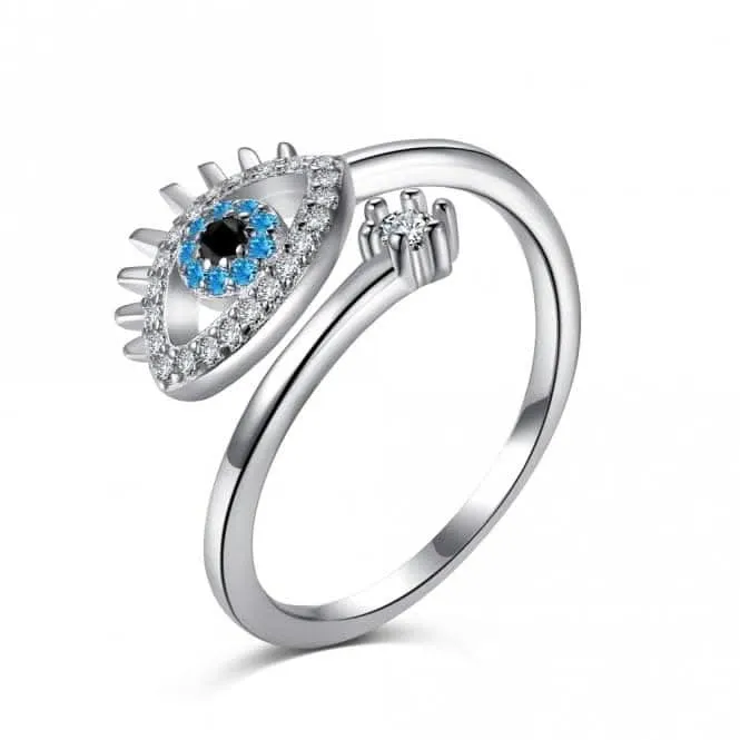 Silver Rhodium Plated Sparkling Zirconia Adjustable Blue Evil Eye Ring ERLR013 Ania Haie Jewellery