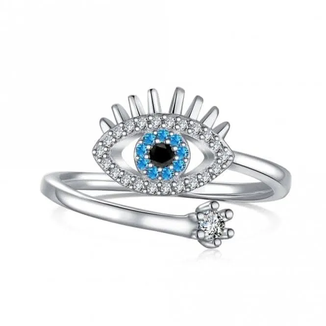 Silver Rhodium Plated Sparkling Zirconia Adjustable Blue Evil Eye Ring ERLR013 Ania Haie Jewellery