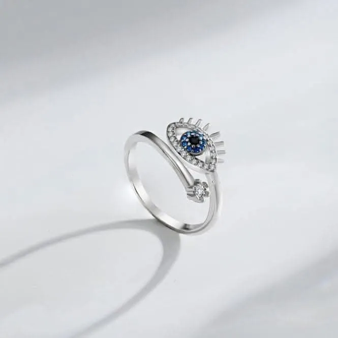 Silver Rhodium Plated Sparkling Zirconia Adjustable Blue Evil Eye Ring ERLR013 Ania Haie Jewellery