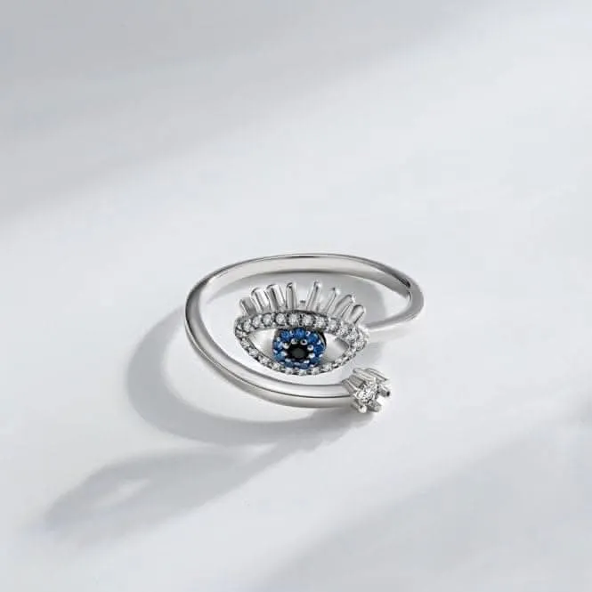 Silver Rhodium Plated Sparkling Zirconia Adjustable Blue Evil Eye Ring ERLR013 Ania Haie Jewellery