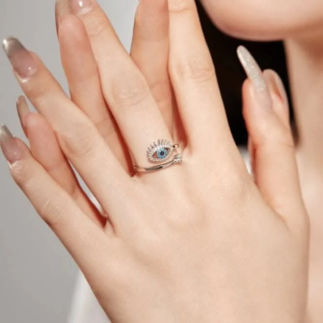 Silver Rhodium Plated Sparkling Zirconia Adjustable Blue Evil Eye Ring ERLR013 Ania Haie Jewellery