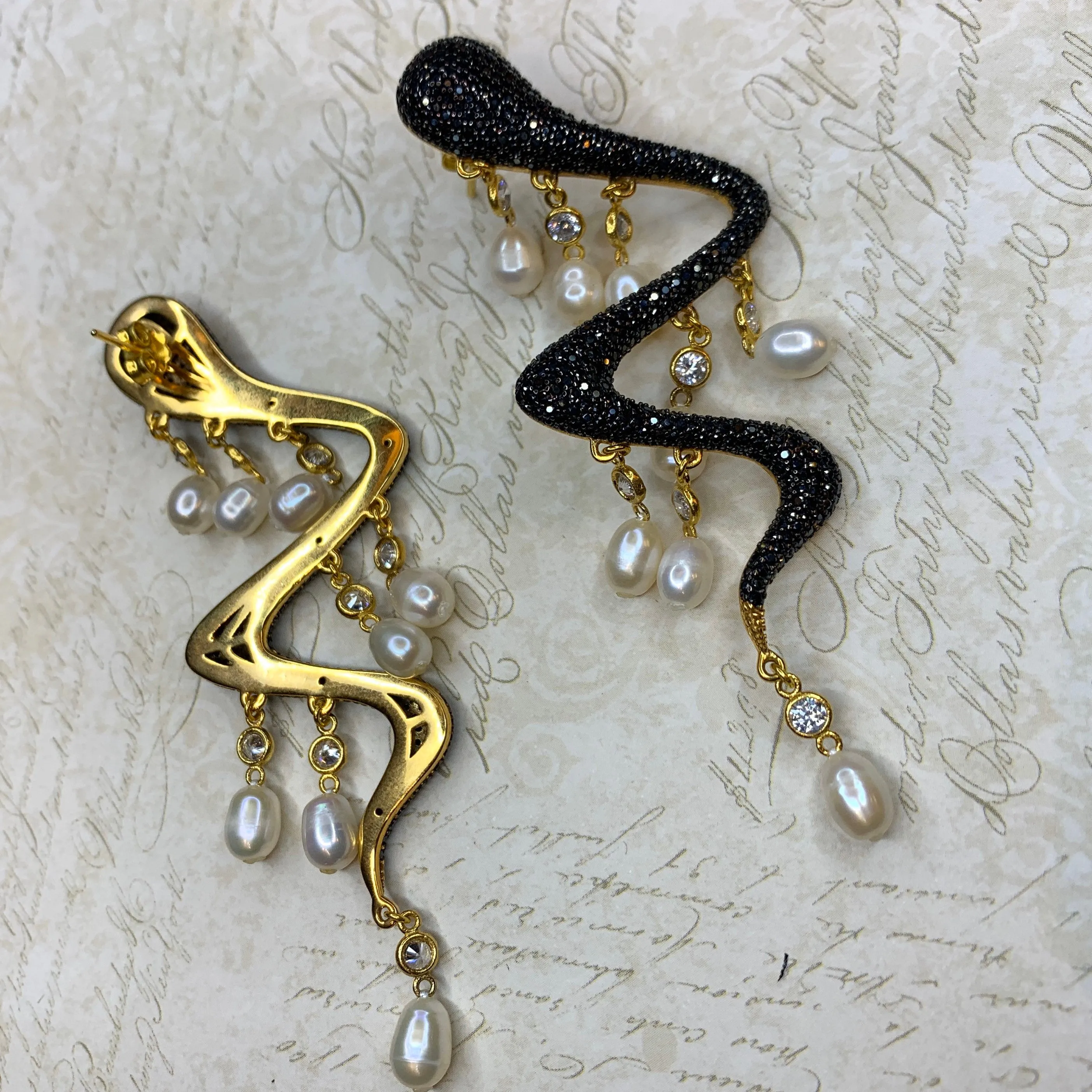 Snake Pearl Statement Earrings Black Crystal