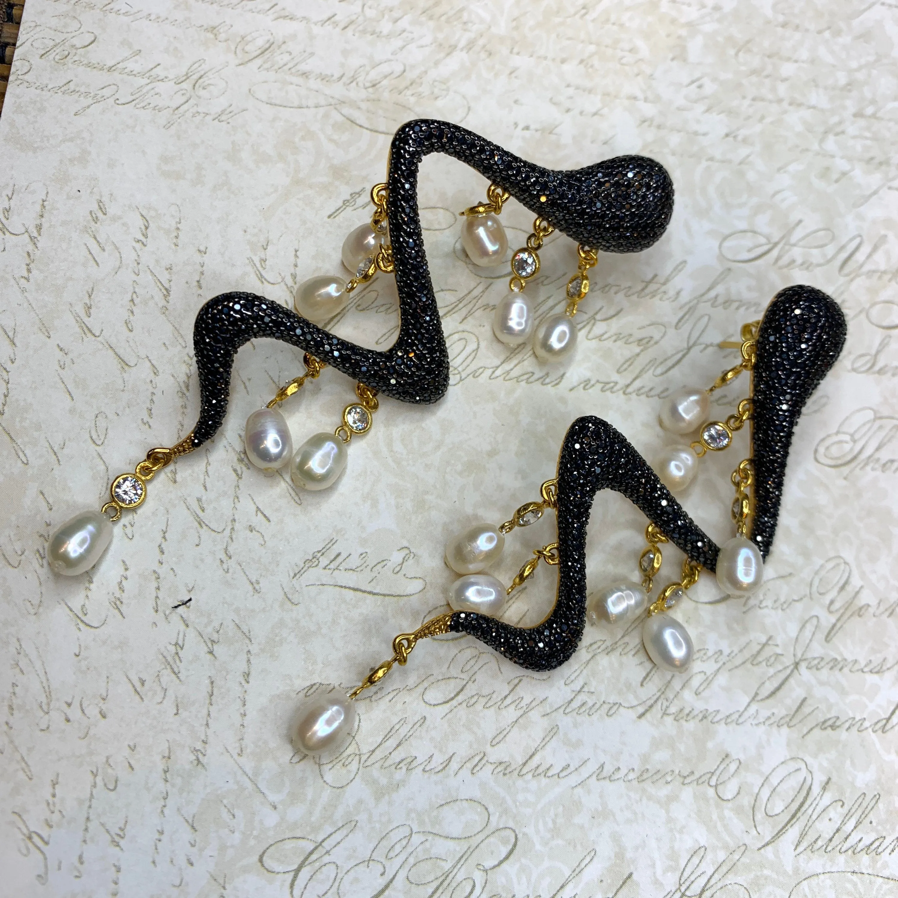 Snake Pearl Statement Earrings Black Crystal