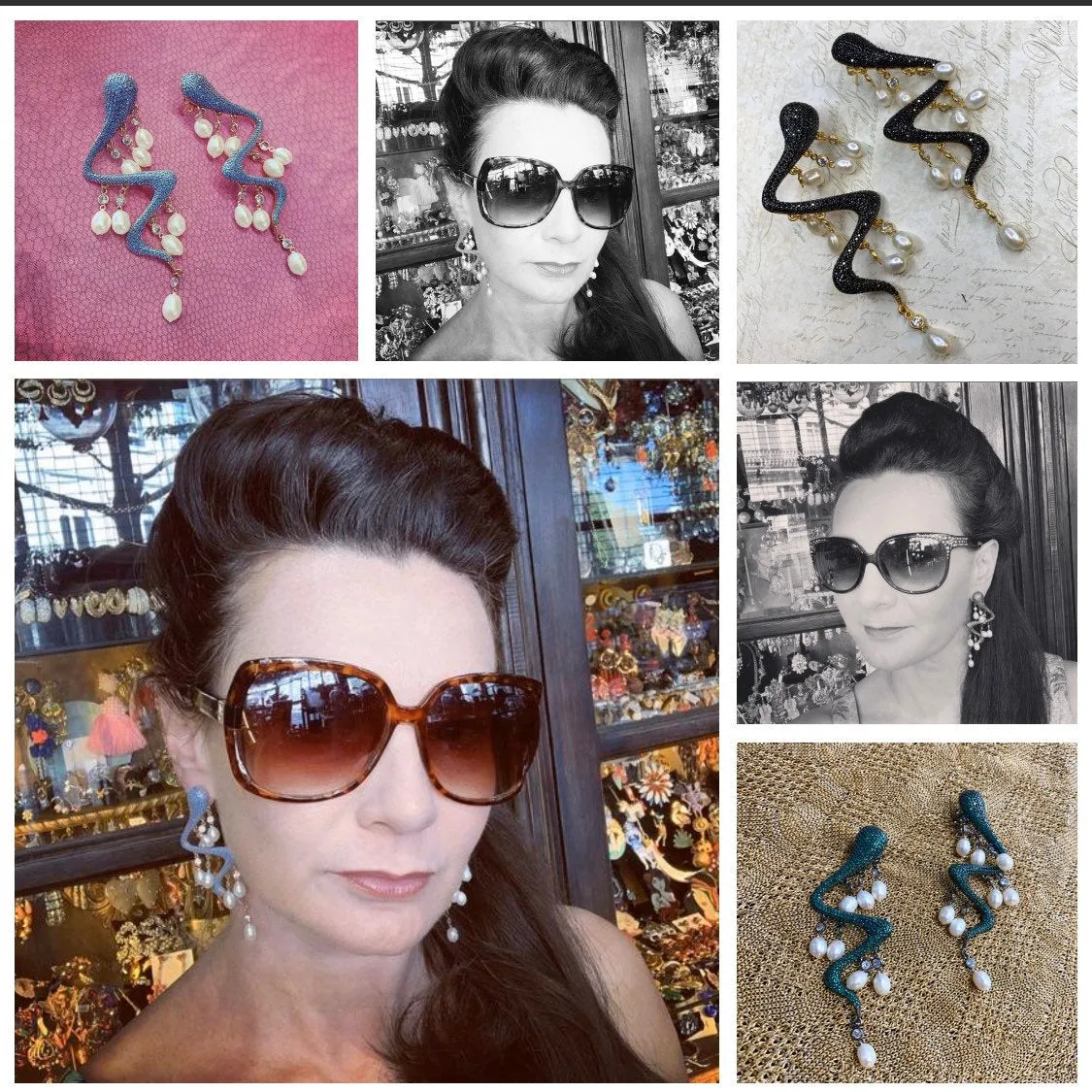 Snake Pearl Statement Earrings Black Crystal