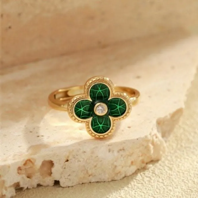 Sterling Silver Gold Plated Adjustable Green Lucky 4 Leaf Ring ERLR005 Ania Haie Jewellery