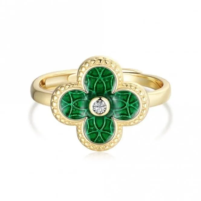 Sterling Silver Gold Plated Adjustable Green Lucky 4 Leaf Ring ERLR005 Ania Haie Jewellery