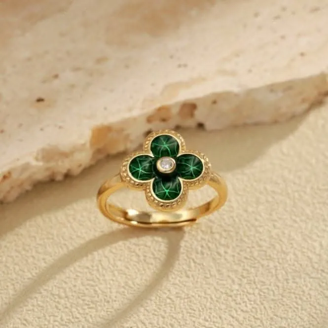 Sterling Silver Gold Plated Adjustable Green Lucky 4 Leaf Ring ERLR005 Ania Haie Jewellery