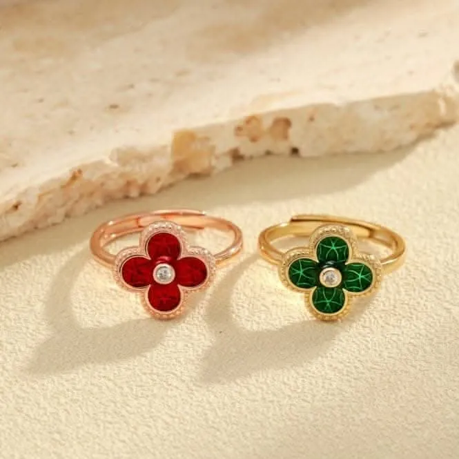 Sterling Silver Gold Plated Adjustable Green Lucky 4 Leaf Ring ERLR005 Ania Haie Jewellery