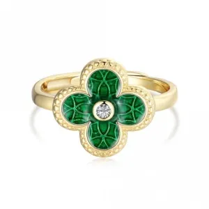 Sterling Silver Gold Plated Adjustable Green Lucky 4 Leaf Ring ERLR005 Ania Haie Jewellery