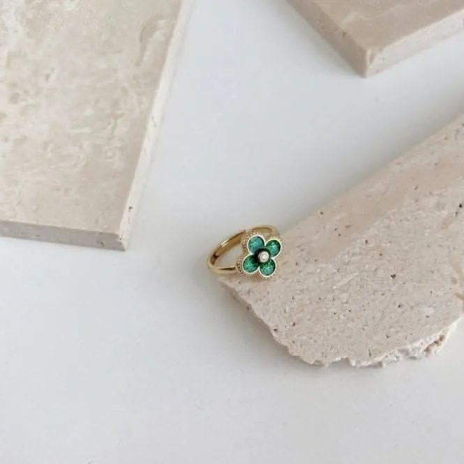 Sterling Silver Gold Plated Adjustable Green Lucky 4 Leaf Ring ERLR005 Ania Haie Jewellery