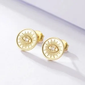 Sterling Silver Gold Plated Evil Eye Disc Earrings ERLE085 Ania Haie Jewellery