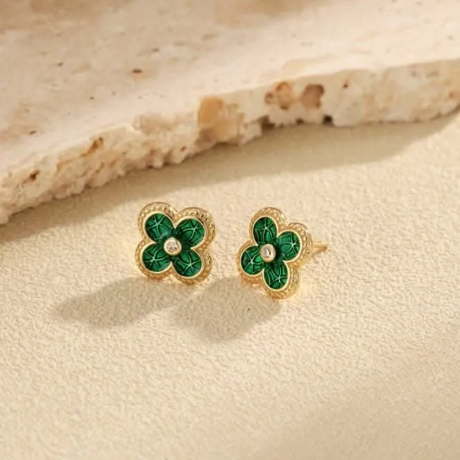 Sterling Silver Gold Plated Green Lucky 4 Leaf Earrings ERLE078 Ania Haie Jewellery