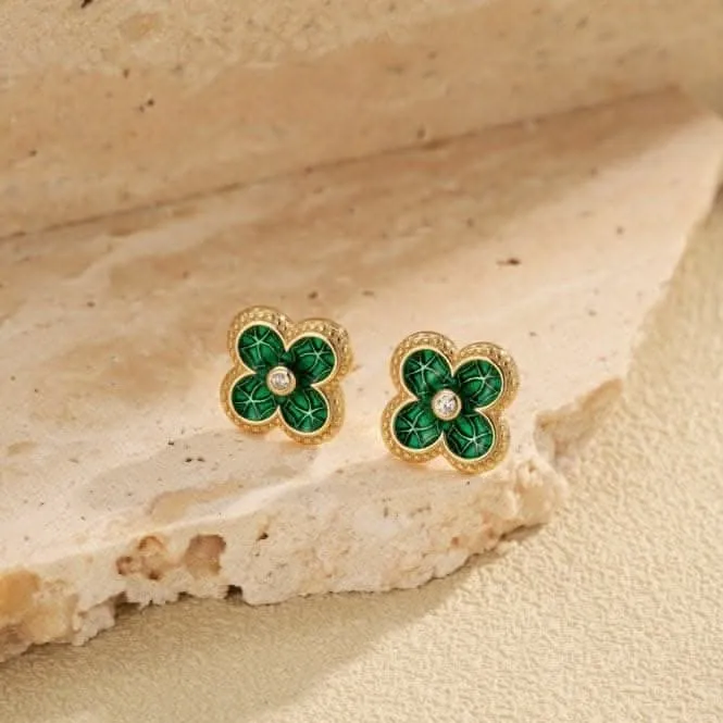 Sterling Silver Gold Plated Green Lucky 4 Leaf Earrings ERLE078 Ania Haie Jewellery