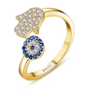 Sterling Silver Gold Sparkling Zirconia Adjustable Hand Of Fatima Ring ERLR015 Ania Haie Jewellery