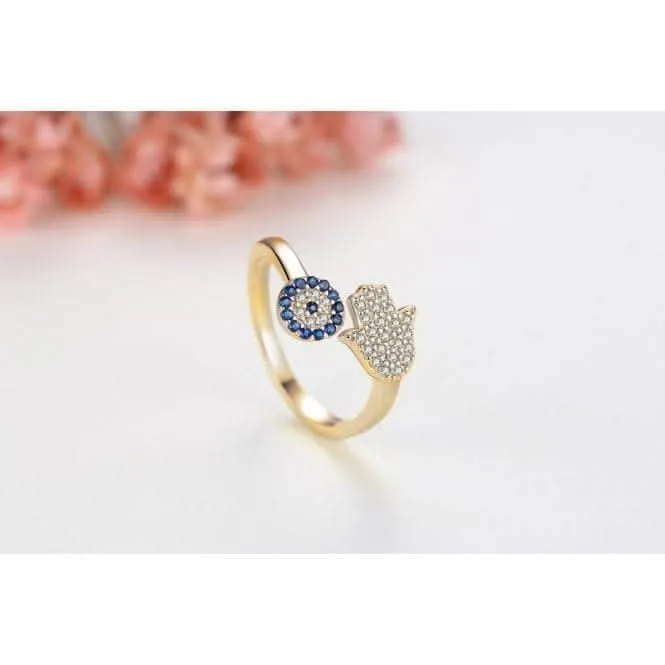 Sterling Silver Gold Sparkling Zirconia Adjustable Hand Of Fatima Ring ERLR015 Ania Haie Jewellery