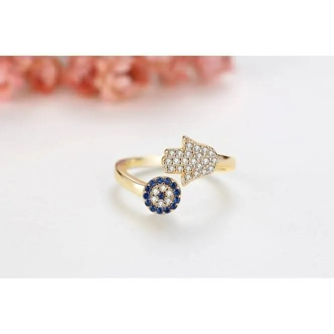 Sterling Silver Gold Sparkling Zirconia Adjustable Hand Of Fatima Ring ERLR015 Ania Haie Jewellery
