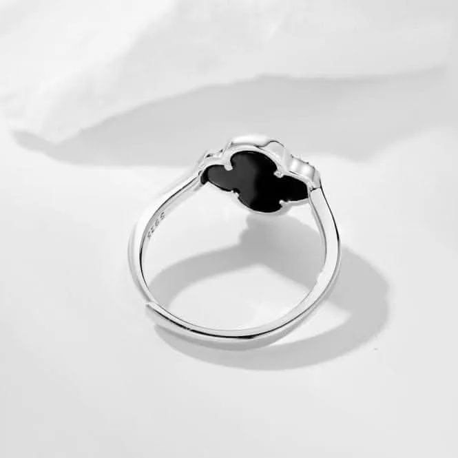 Sterling Silver Rhodium Plated Adjustable Black Lucky 4 Leaf Ring ERLR007 Ania Haie Jewellery