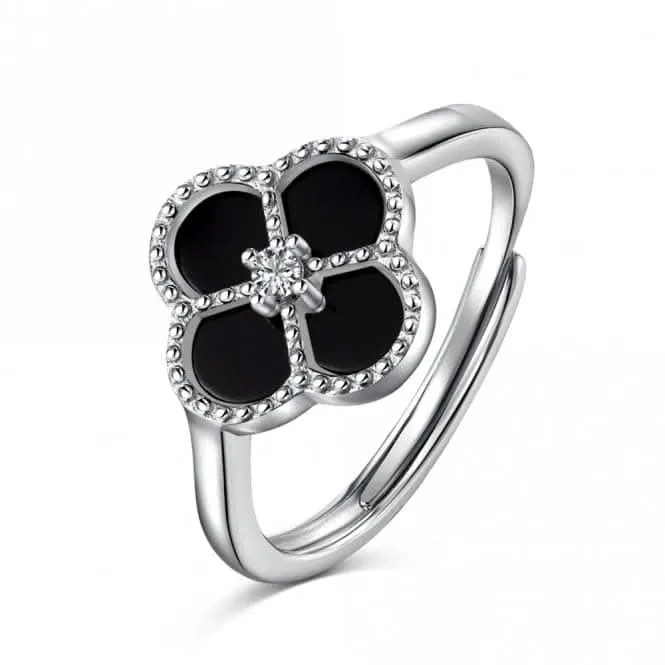 Sterling Silver Rhodium Plated Adjustable Black Lucky 4 Leaf Ring ERLR007 Ania Haie Jewellery