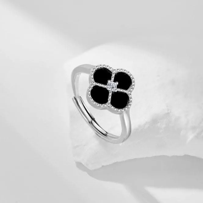 Sterling Silver Rhodium Plated Adjustable Black Lucky 4 Leaf Ring ERLR007 Ania Haie Jewellery