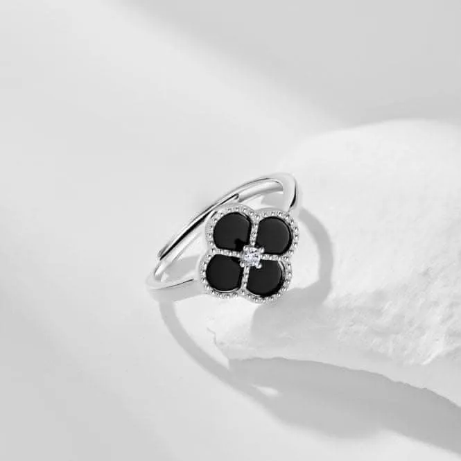 Sterling Silver Rhodium Plated Adjustable Black Lucky 4 Leaf Ring ERLR007 Ania Haie Jewellery