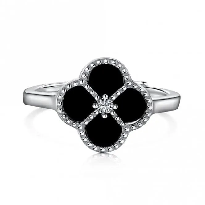 Sterling Silver Rhodium Plated Adjustable Black Lucky 4 Leaf Ring ERLR007 Ania Haie Jewellery