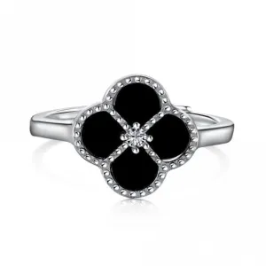 Sterling Silver Rhodium Plated Adjustable Black Lucky 4 Leaf Ring ERLR007 Ania Haie Jewellery