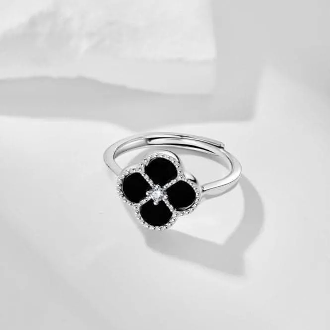 Sterling Silver Rhodium Plated Adjustable Black Lucky 4 Leaf Ring ERLR007 Ania Haie Jewellery