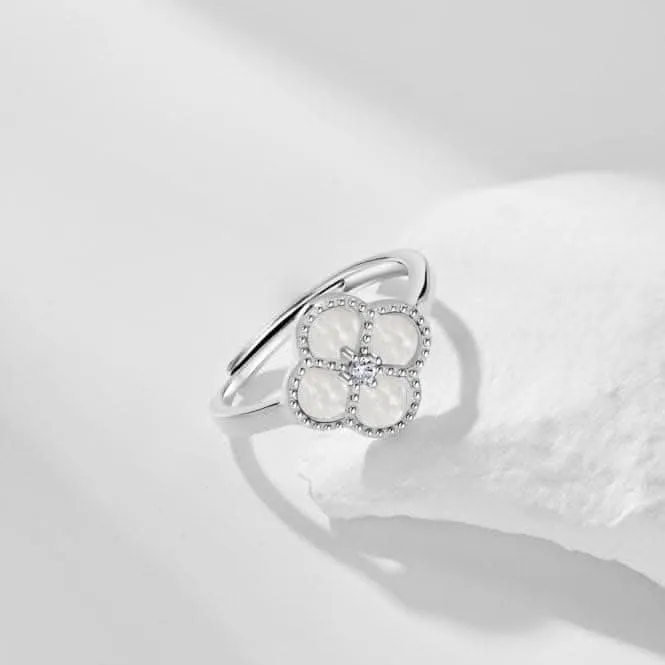 Sterling Silver Rhodium Plated Adjustable White Lucky 4 Leaf Ring ERLR008 Ania Haie Jewellery