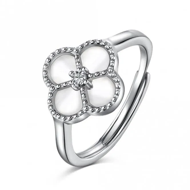 Sterling Silver Rhodium Plated Adjustable White Lucky 4 Leaf Ring ERLR008 Ania Haie Jewellery