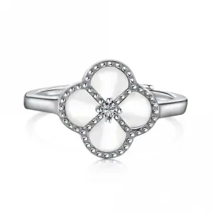 Sterling Silver Rhodium Plated Adjustable White Lucky 4 Leaf Ring ERLR008 Ania Haie Jewellery