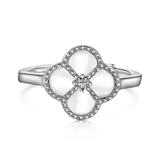 Sterling Silver Rhodium Plated Adjustable White Lucky 4 Leaf Ring ERLR008 Ania Haie Jewellery