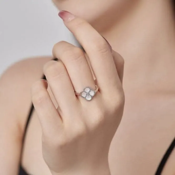 Sterling Silver Rhodium Plated Adjustable White Lucky 4 Leaf Ring ERLR008 Ania Haie Jewellery