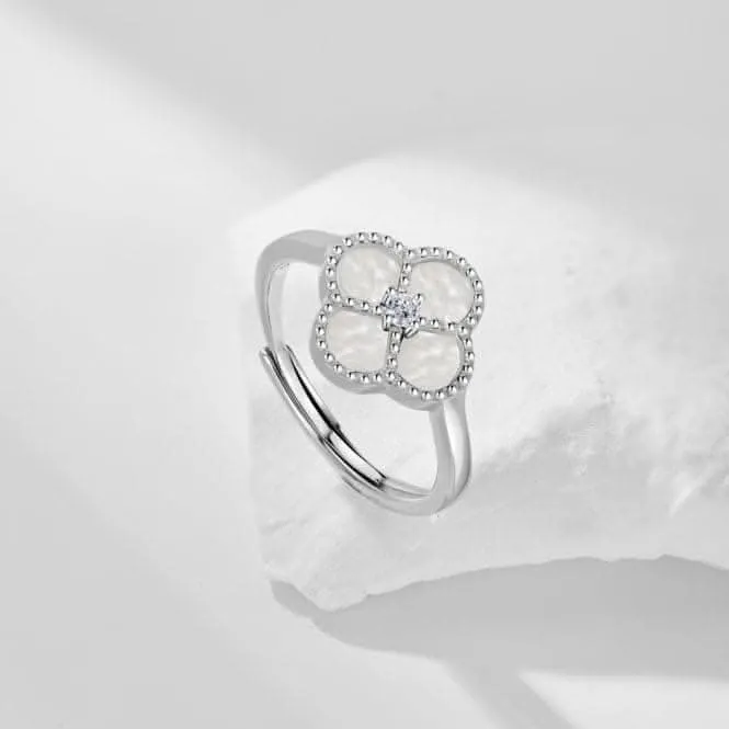 Sterling Silver Rhodium Plated Adjustable White Lucky 4 Leaf Ring ERLR008 Ania Haie Jewellery