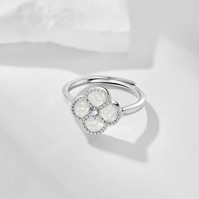 Sterling Silver Rhodium Plated Adjustable White Lucky 4 Leaf Ring ERLR008 Ania Haie Jewellery